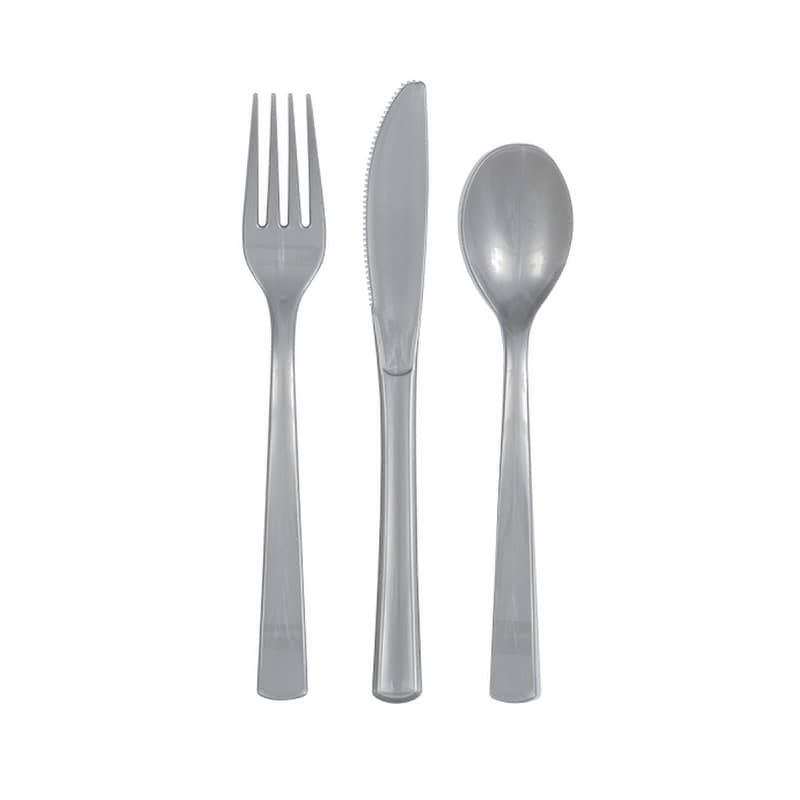 Silver Solid Colour Plastic Assorted Cutlery 18pk Reusable  39506 - Party Owls