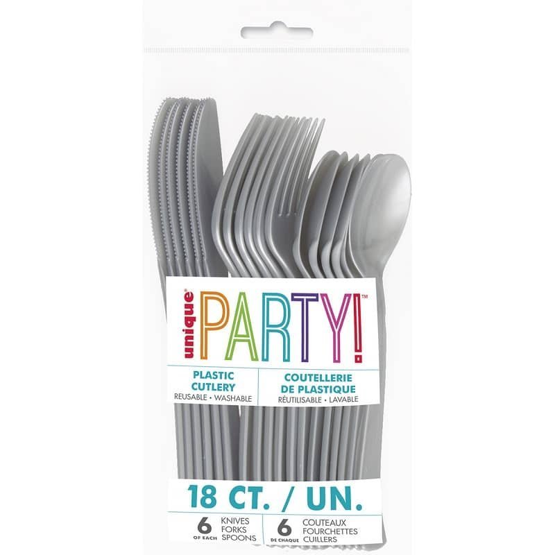 Silver Solid Colour Plastic Assorted Cutlery 18pk Reusable 39506 - Party Owls