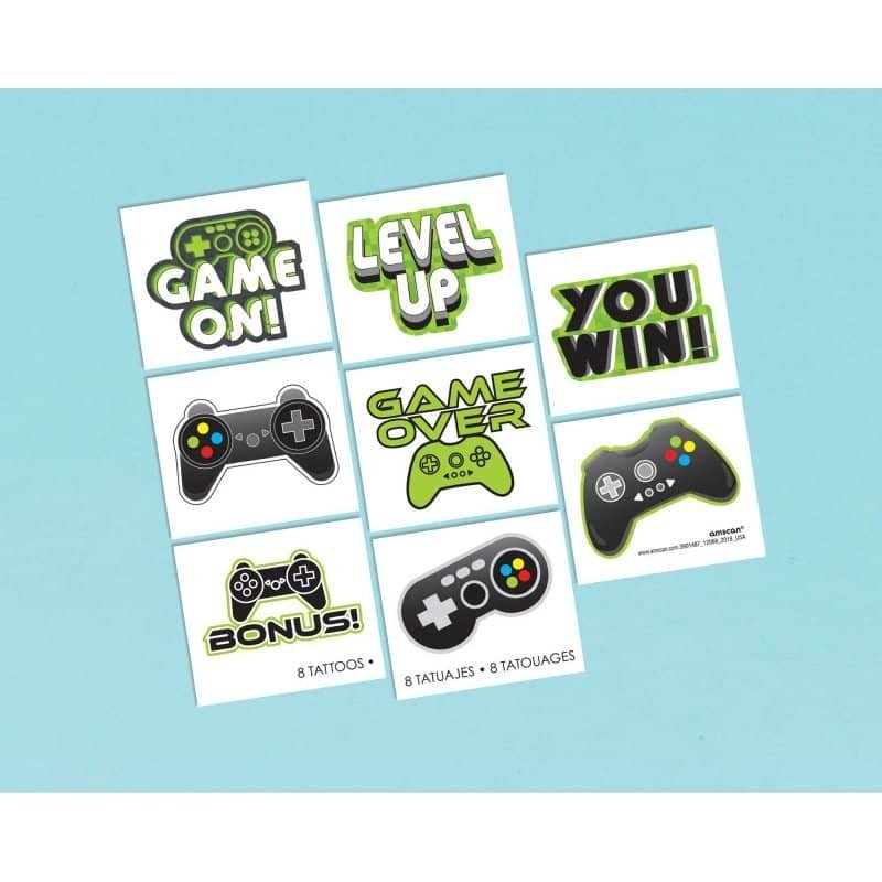 Level Up Video Gaming Party Temporary Fake Tattoos 8PCS 3901487 - Party Owls
