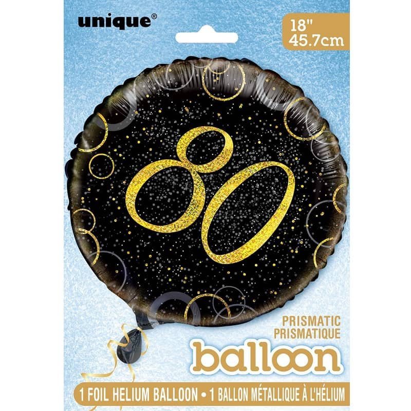 80th Birthday "80" Glitz Black & Gold Foil Balloon 45cm (18") 55839 - Party Owls