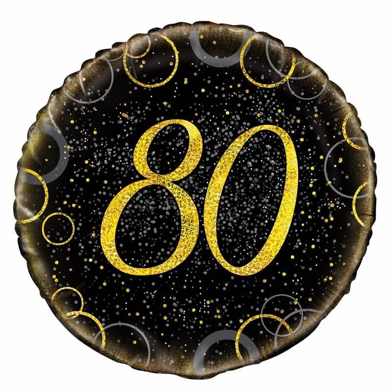 80th Birthday "80" Glitz Black & Gold Foil Balloon 45cm (18") 55839 - Party Owls