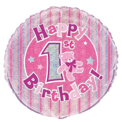 Happy 1st Birthday Foil Balloon 45CM (18") Girls Pink Bear - Party Owls