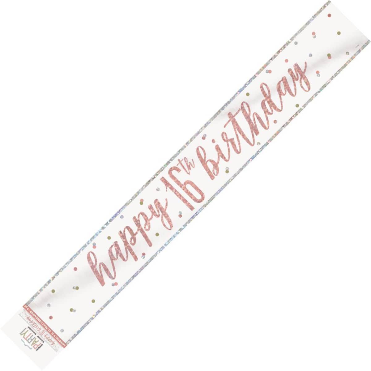 Rose Gold Happy 16th Birthday Prismatic Foil Banner 2.74M (9') 84851 - Party Owls