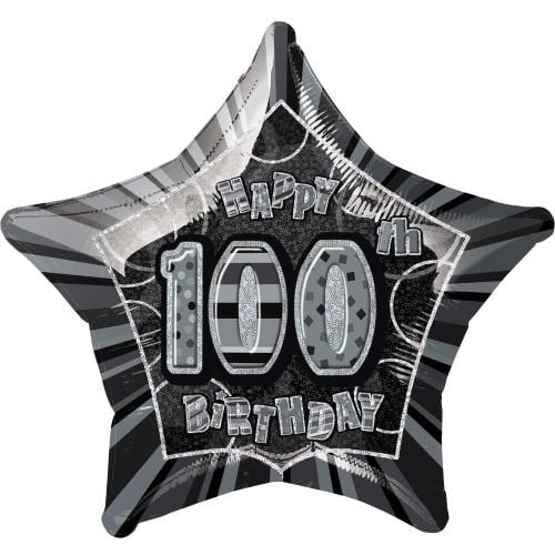 Glitz Black Silver 100th Birthday Star Shape Foil Balloon 50cm (20") - Party Owls