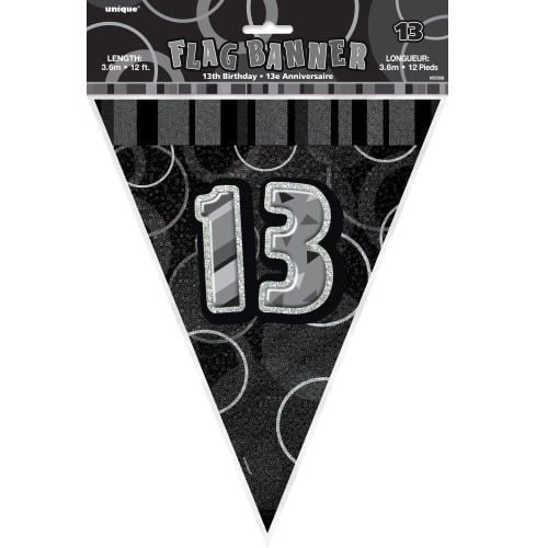 Glitz Black Silver 13th Birthday Bunting Flag Banner 3.65M (12') - Party Owls