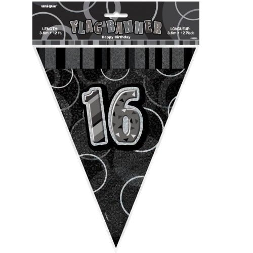 Glitz Black Silver 16th Birthday Bunting Flag Banner 3.65M (12') - Party Owls