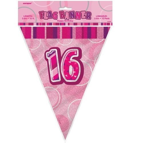 Glitz Pink Silver 16th Birthday Bunting Flag Banner 3.65M (12') - Party Owls