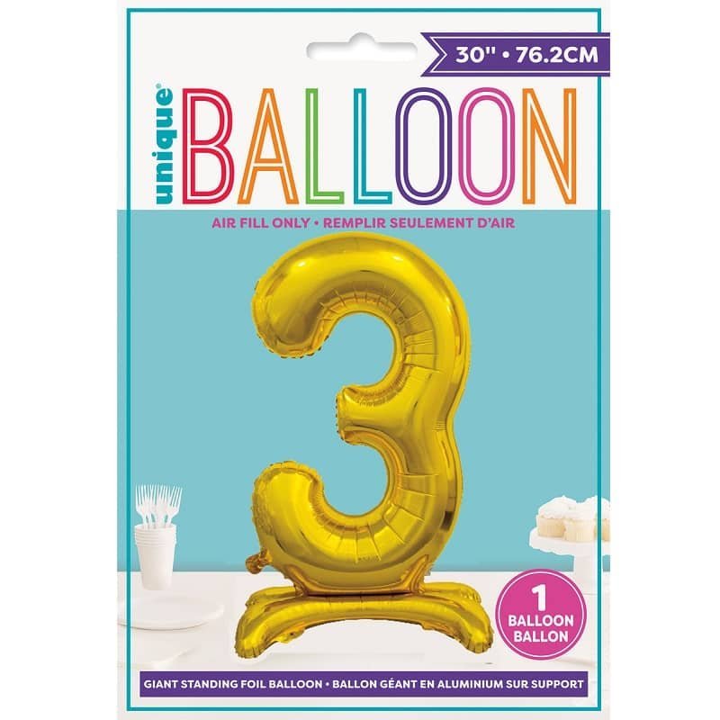 Gold "3" Giant Standing Air Filled Numeral Foil Balloon 76CM (30") 13233 - Party Owls