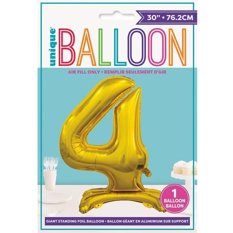 Gold "4" Giant Standing Air Filled Numeral Foil Balloon 76CM (30") 13234 - Party Owls