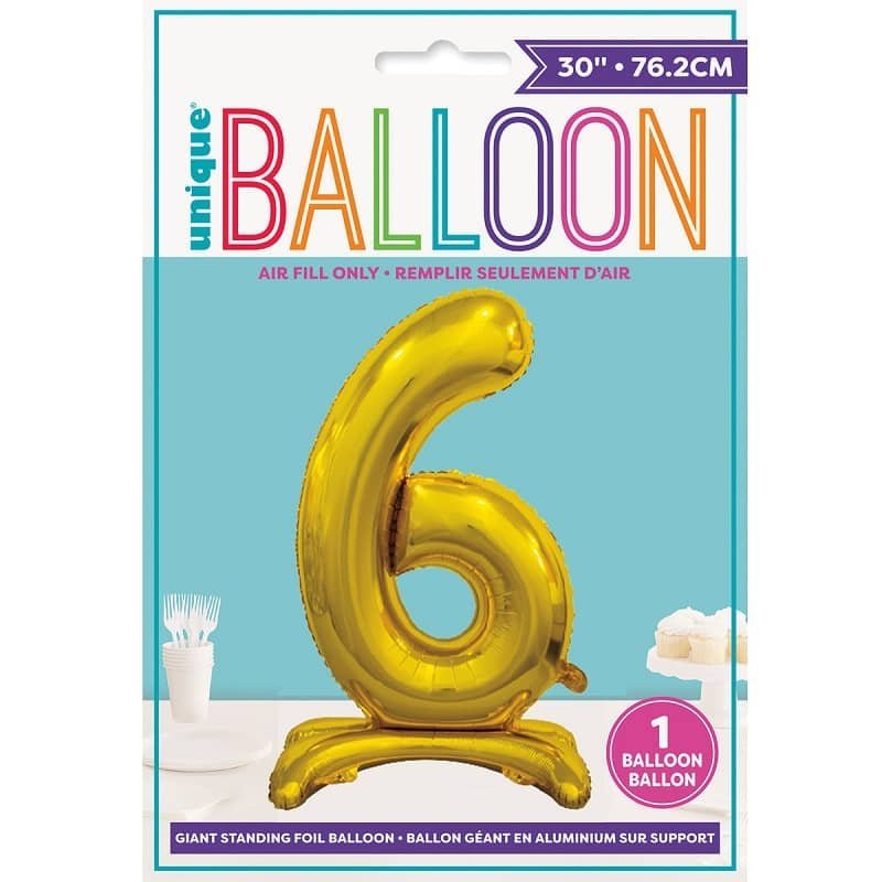 Gold "6" Giant Standing Air Filled Numeral Foil Balloon 76CM (30") 13236 - Party Owls