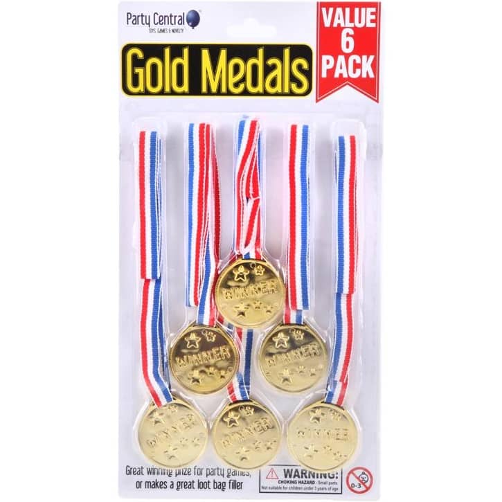 Gold Winner Medals With Ribbon 6pk Party Favours - Party Owls