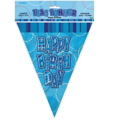 Glitz Blue And Silver Happy Birthday Bunting Flag Banner 3.6m (12') 55300 - Party Owls