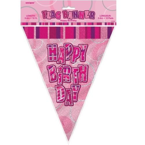 Glitz Pink And Silver Happy Birthday Bunting Flag Banner 3.6M (12') 55290 - Party Owls
