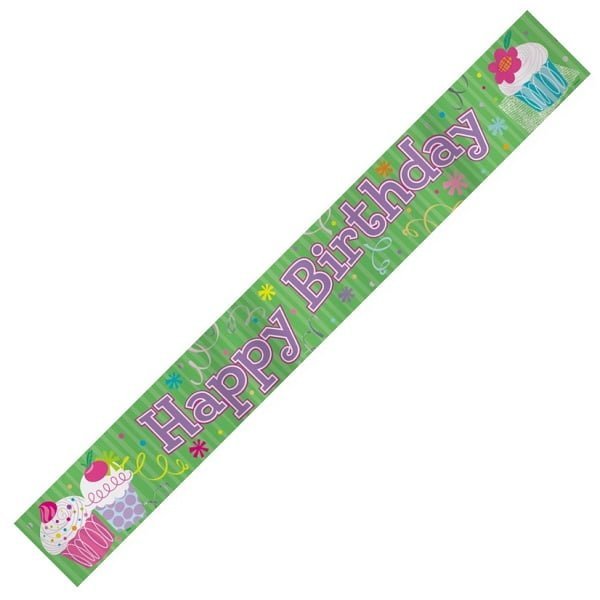 Cupcake Green Pink Happy Birthday Foil Banner 3.6m (12') 40098 - Party Owls