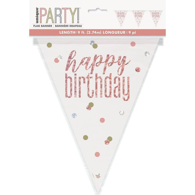 Rose Gold Happy Birthday Prismatic Foil Bunting Flag Banner 2.74M (9') 84835 - Party Owls