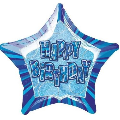 Glitz Blue Silver Happy Birthday Star Shape Foil Balloon 50CM (20") - Party Owls