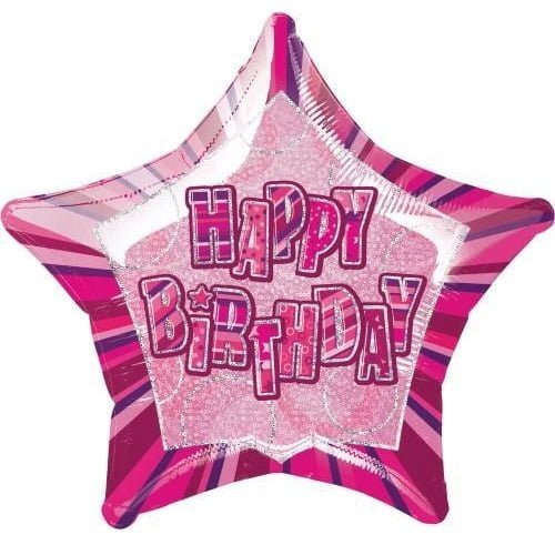 Glitz Pink And Silver Happy Birthday Star Shape Foil Balloon 50cm (20") 55101 - Party Owls