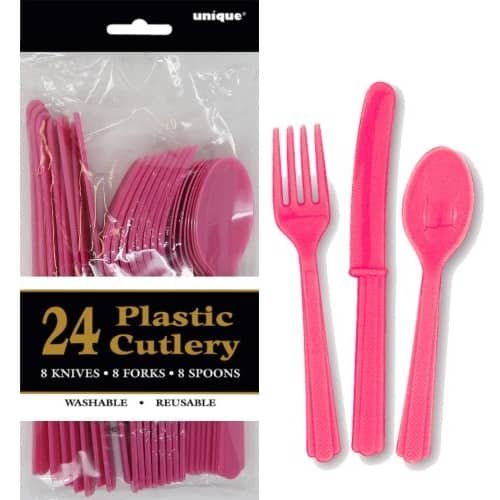 Hot Pink Solid Colour Plastic Assorted Cutlery 24pk 31404 - Party Owls