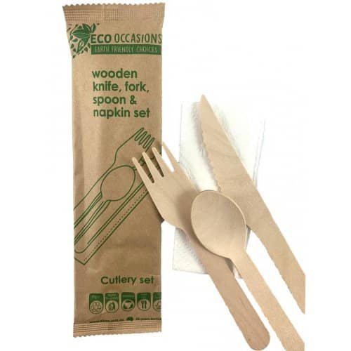 Individual Cutlery Set 4pcs (Wooden Fork, Spoon, Knife, Napkin) - Party Owls