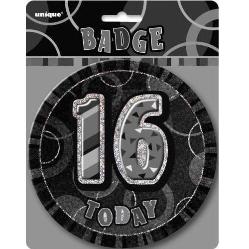 Glitz Black And Silver Jumbo 16th Birthday Badge 15CM    55281 - Party Owls