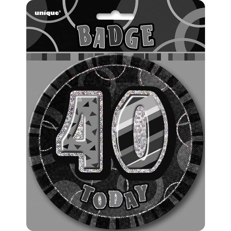 Glitz Black And Silver Jumbo 40th Birthday Badge 15CM(6'') 55285 - Party Owls