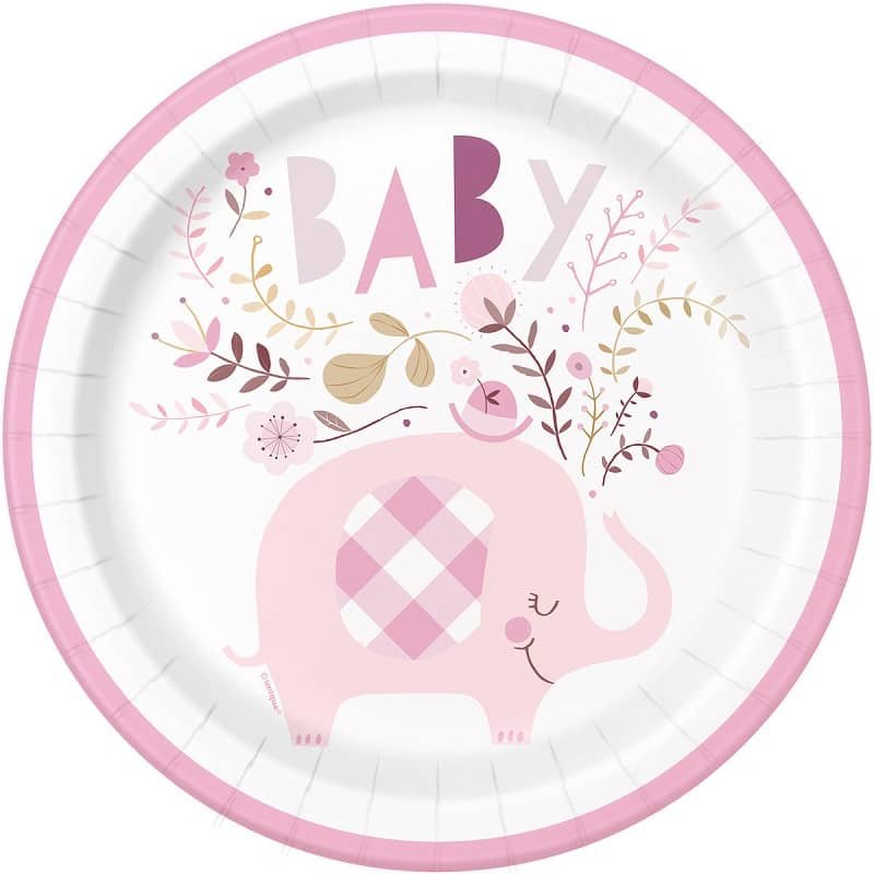 Floral Elephants Pink Large Paper Plates 23cm (9") 8pk Baby Shower 78375 - Party Owls