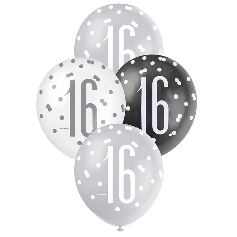 Black Silver White 16th Birthday Latex Balloons 30cm (12") 6pk 83382 - Party Owls