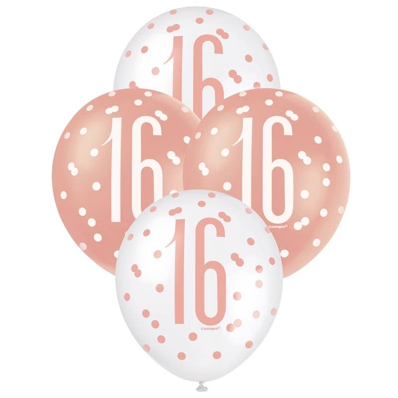 Rose Gold White 16th Birthday Latex Balloons 30cm (12") 6pk 84914 - Party Owls