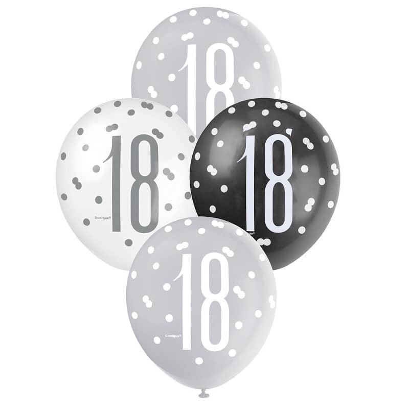 Black Silver White 18th Birthday Latex Balloons 30cm (12") 6pk 83383 - Party Owls