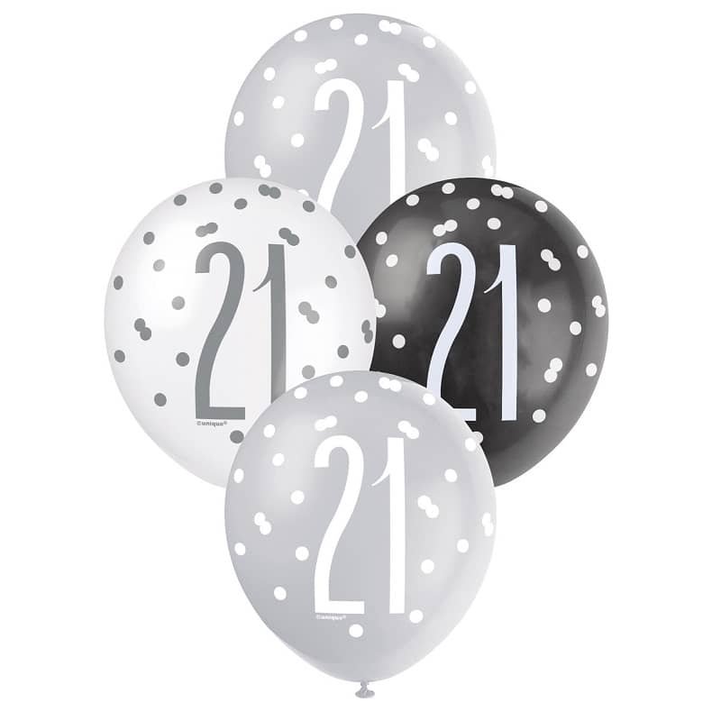 Black Silver White 21st Birthday Latex Balloons 30cm (12") 6pk  83384 - Party Owls