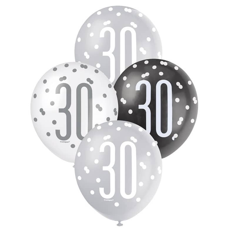 Black Silver White 30th Birthday Latex Balloons 30cm (12") 6pk 83385 - Party Owls