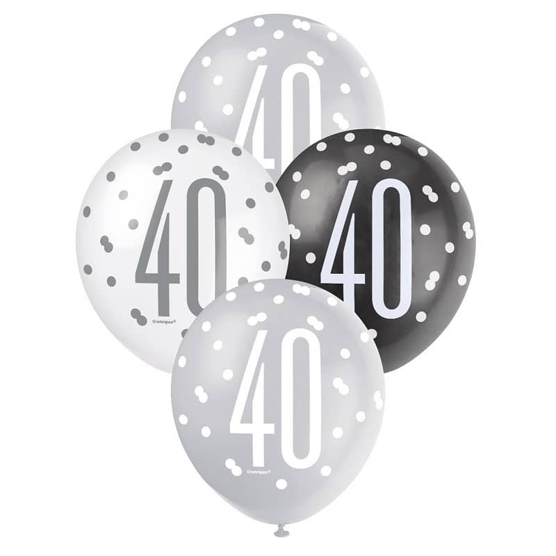 Black Silver White 40th Birthday Latex Balloons 30cm (12") 6pk 83386 - Party Owls