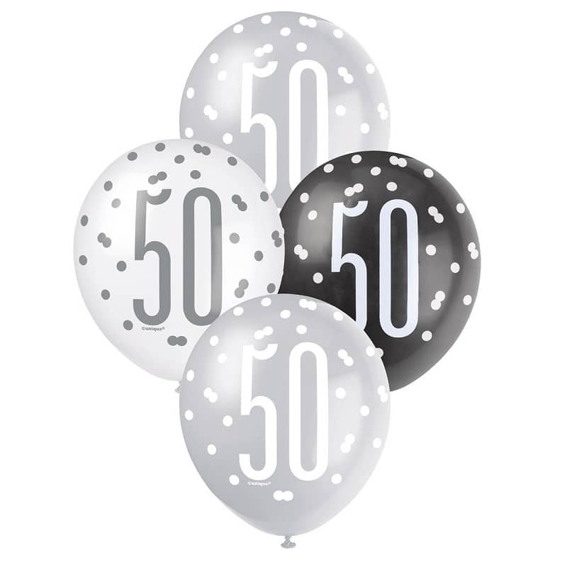 Black Silver White 50th Birthday Latex Balloons 30cm (12") 6pk 83387 - Party Owls