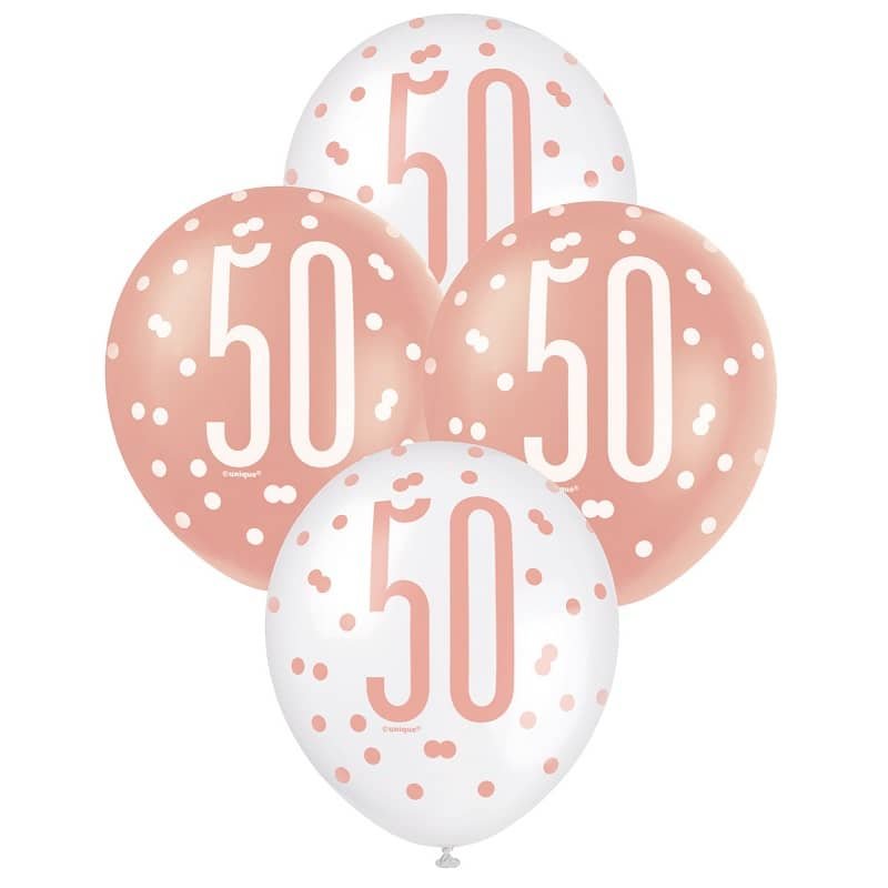 Rose Gold White 50th Birthday Latex Balloons 30cm (12") 6pk 84919 - Party Owls