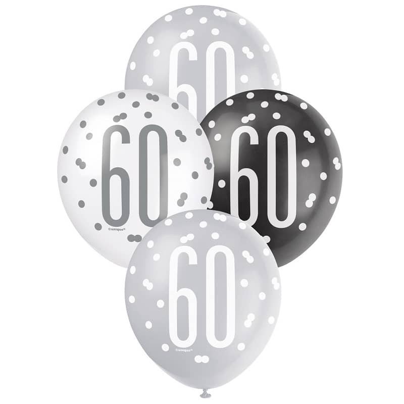 Black Silver White 60th Birthday Latex Balloons 30cm (12") 6pk 83388 - Party Owls