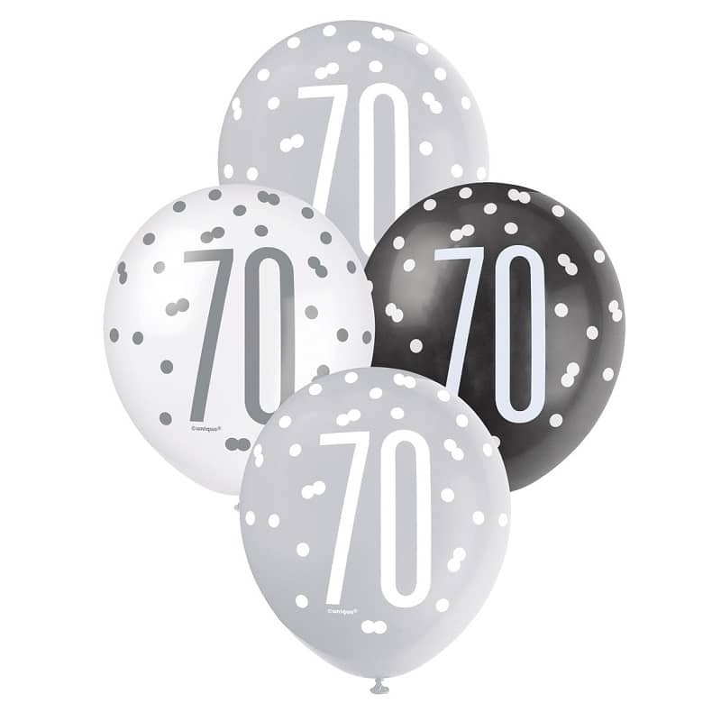 Black Silver White 70th Birthday Latex Balloons 30cm (12") 6pk 83389 - Party Owls