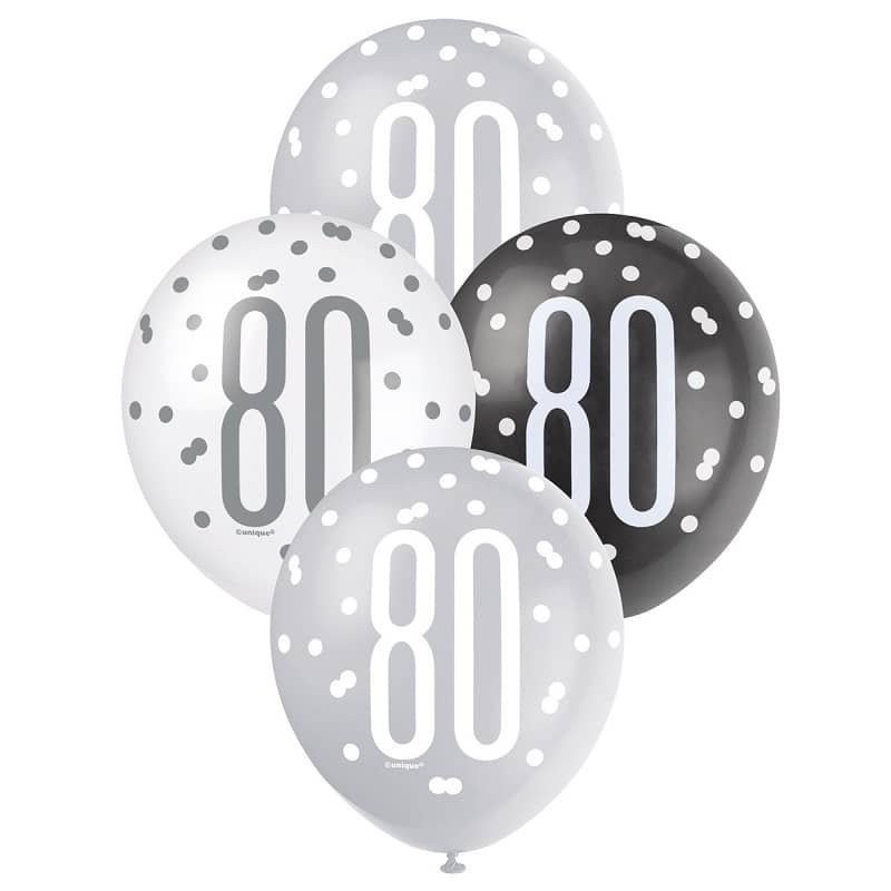 Black Silver White 80th Birthday Latex Balloons 30cm (12") 6pk 83390 - Party Owls