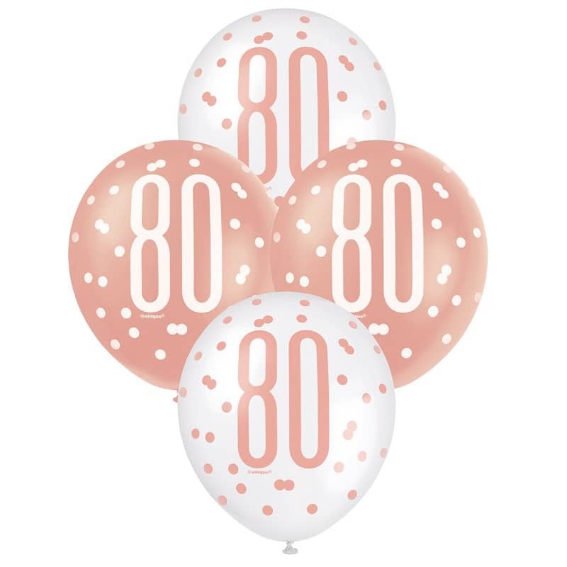 Rose Gold White 80th Birthday Latex Balloons 30cm (12") 6pk 84923 - Party Owls
