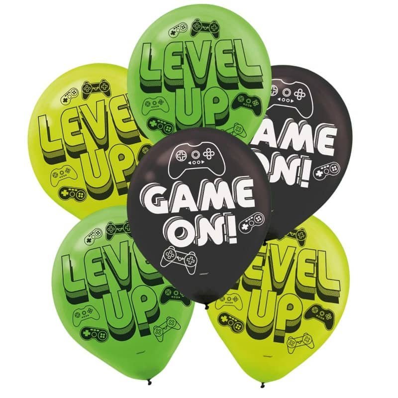 Level Up Video Gaming Party Latex Balloons 30CM 6pk 9911597 - Party Owls