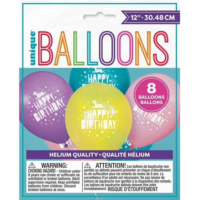 Unicorn Assorted Colours Latex Balloons 30CM (12") 8pk   72485 - Party Owls