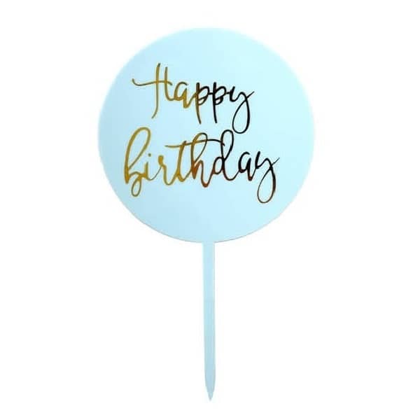 Light Blue & Gold Happy Birthday Round Cake Topper - Party Owls