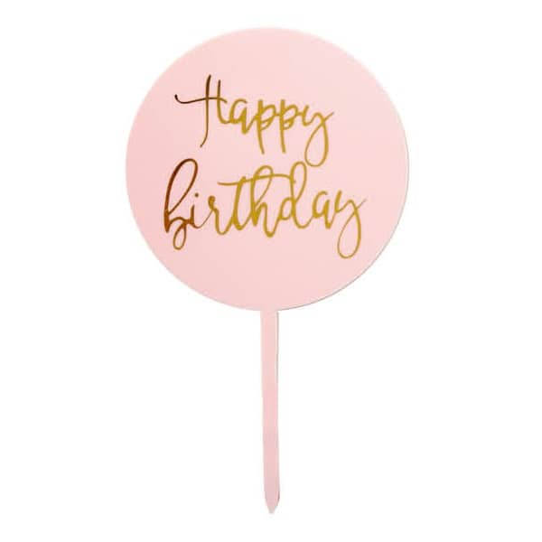 Light Pink & Gold Happy Birthday Round Cake Topper - Party Owls
