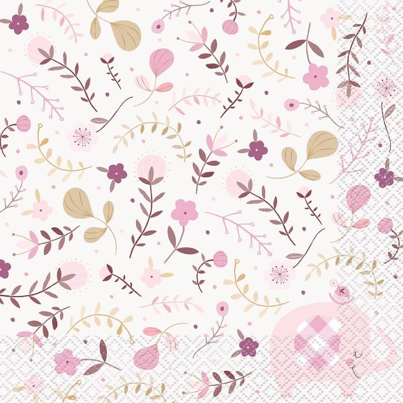 Floral Elephants Baby Shower Pink Lunch Napkins 16pk Serviettes 78372 - Party Owls