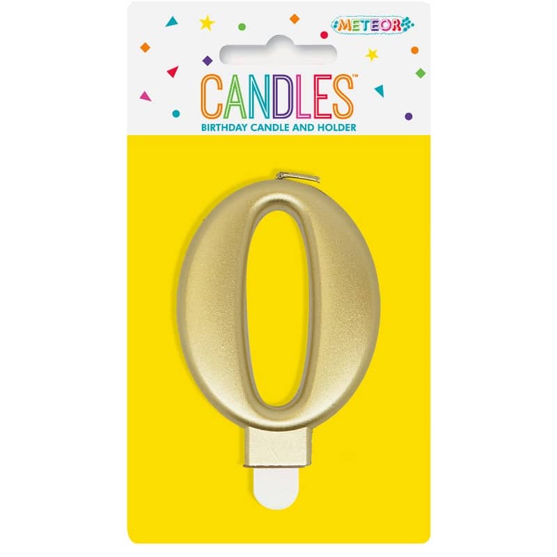 Metallic Gold Numeral Candle "0" With Holder - Party Owls