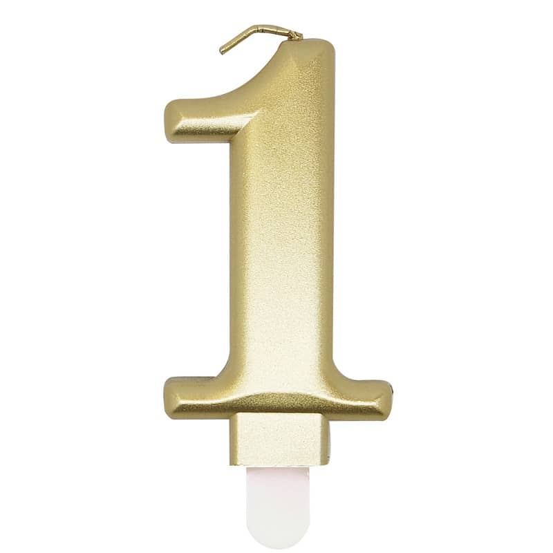 Metallic Gold Numeral Candle "1" With Holder - Party Owls