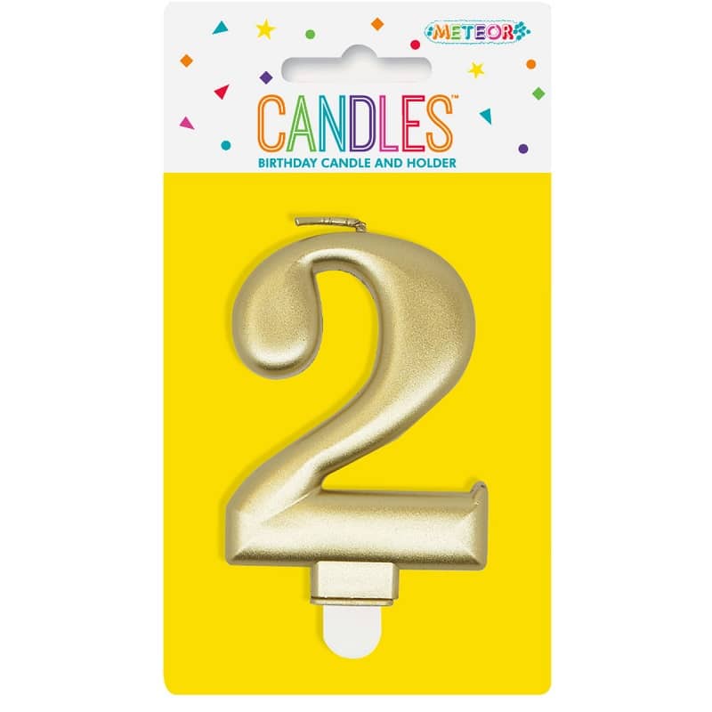 Metallic Gold Numeral Candle "2" With Holder - Party Owls