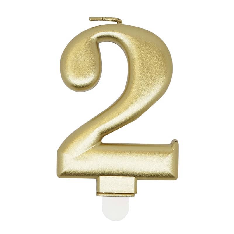 Metallic Gold Numeral Candle "2" With Holder - Party Owls