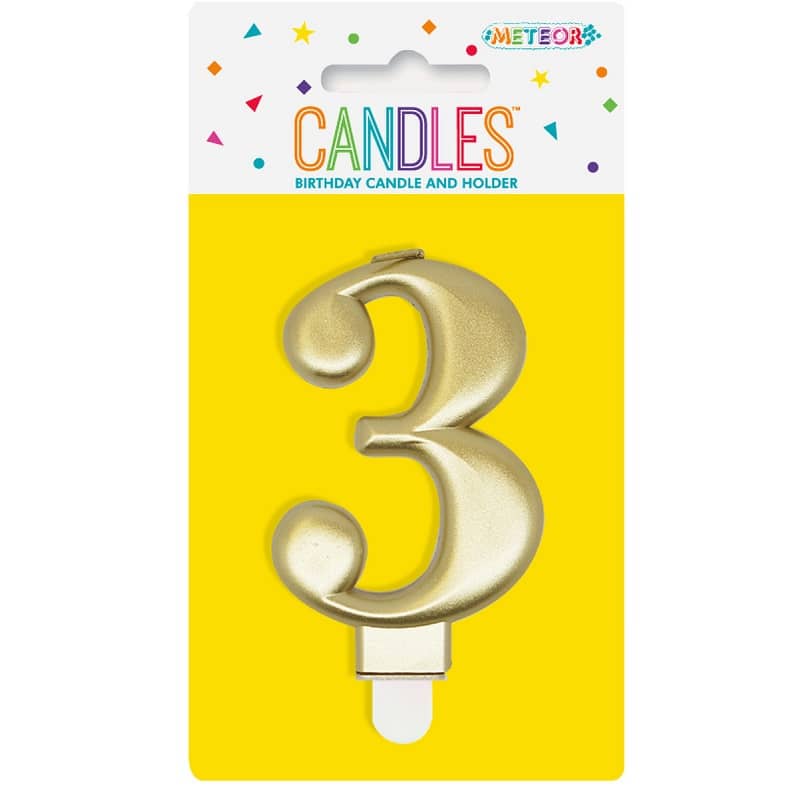 Metallic Gold Numeral Candle "3" With Holder - Party Owls