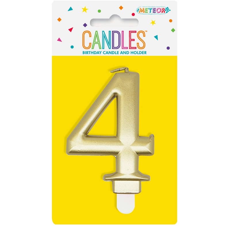 Metallic Gold Numeral Candle "4" With Holder - Party Owls