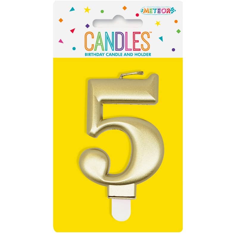Metallic Gold Numeral Candle "5" With Holder - Party Owls